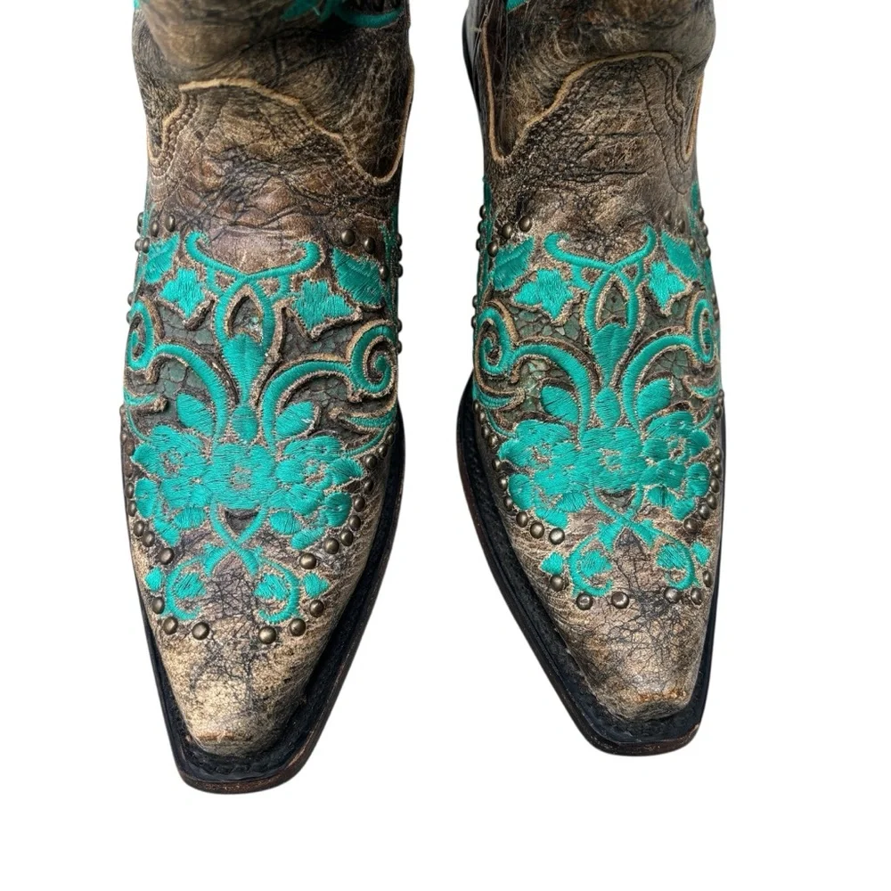 CORRAL Boots Dark Antique Saddle Floral Turquoise Inlay & Studs 6.5 - Picture 5 of 16